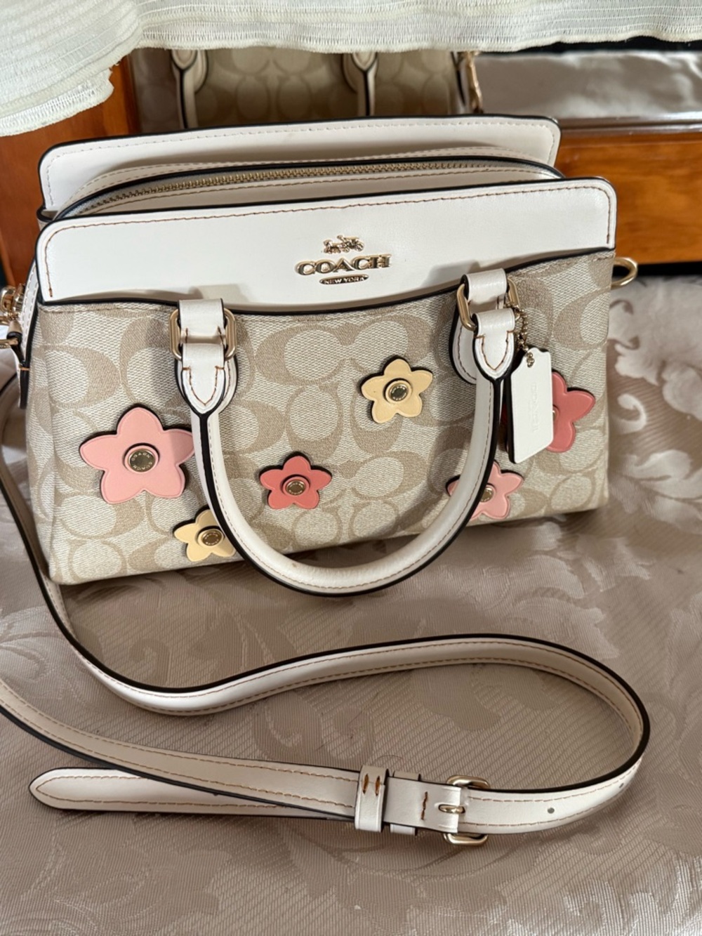 Coach Floral Appliqué Signature Satchel - White, Pink & Yellow